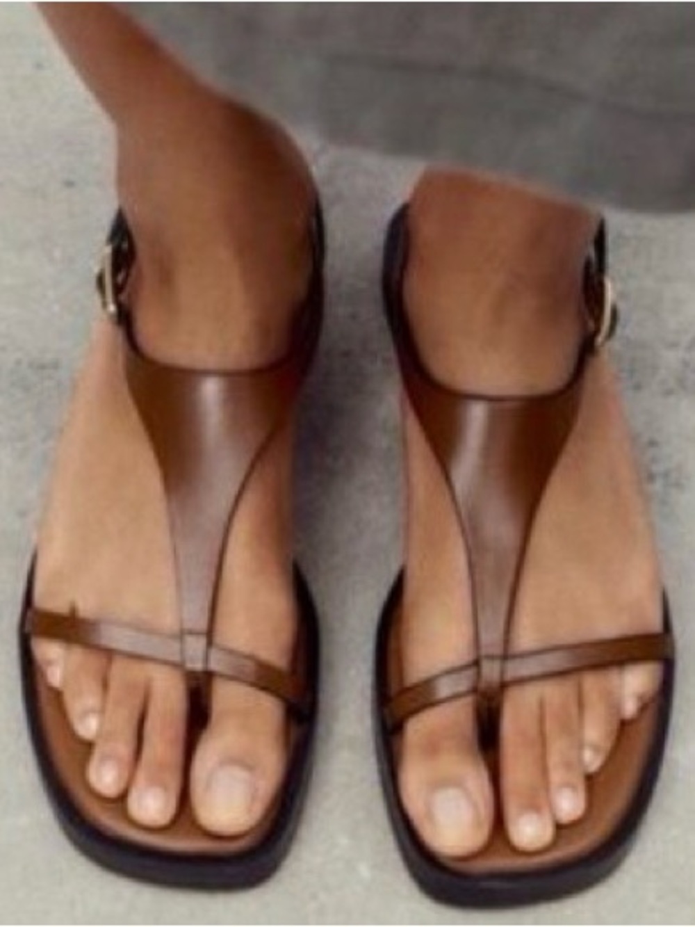 Zara Tan Leather T-Strap Sandals with Gold Accent